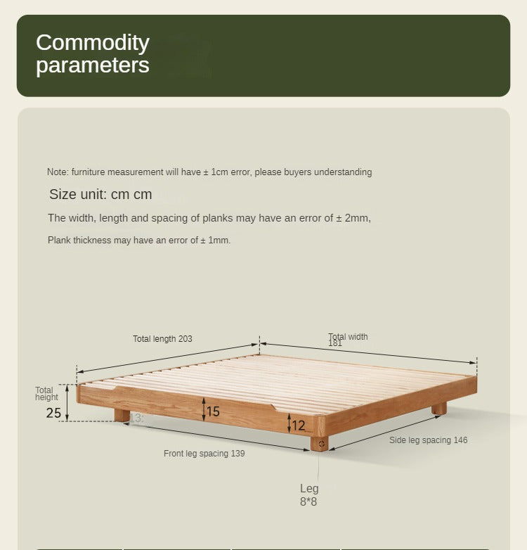 Cherry Wood Solid Wood platform bed, headboard-free bed with Light.