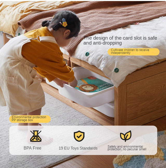 Rubberwood, Oak Solid Wood Children's Box Platform Bed, Headboard-Free Bed