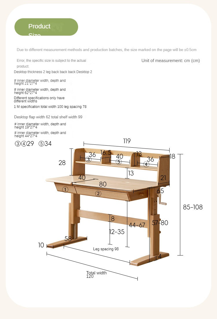 Beech Solid Wood Lifting Kids Table With Self/Chair/High Shelf
