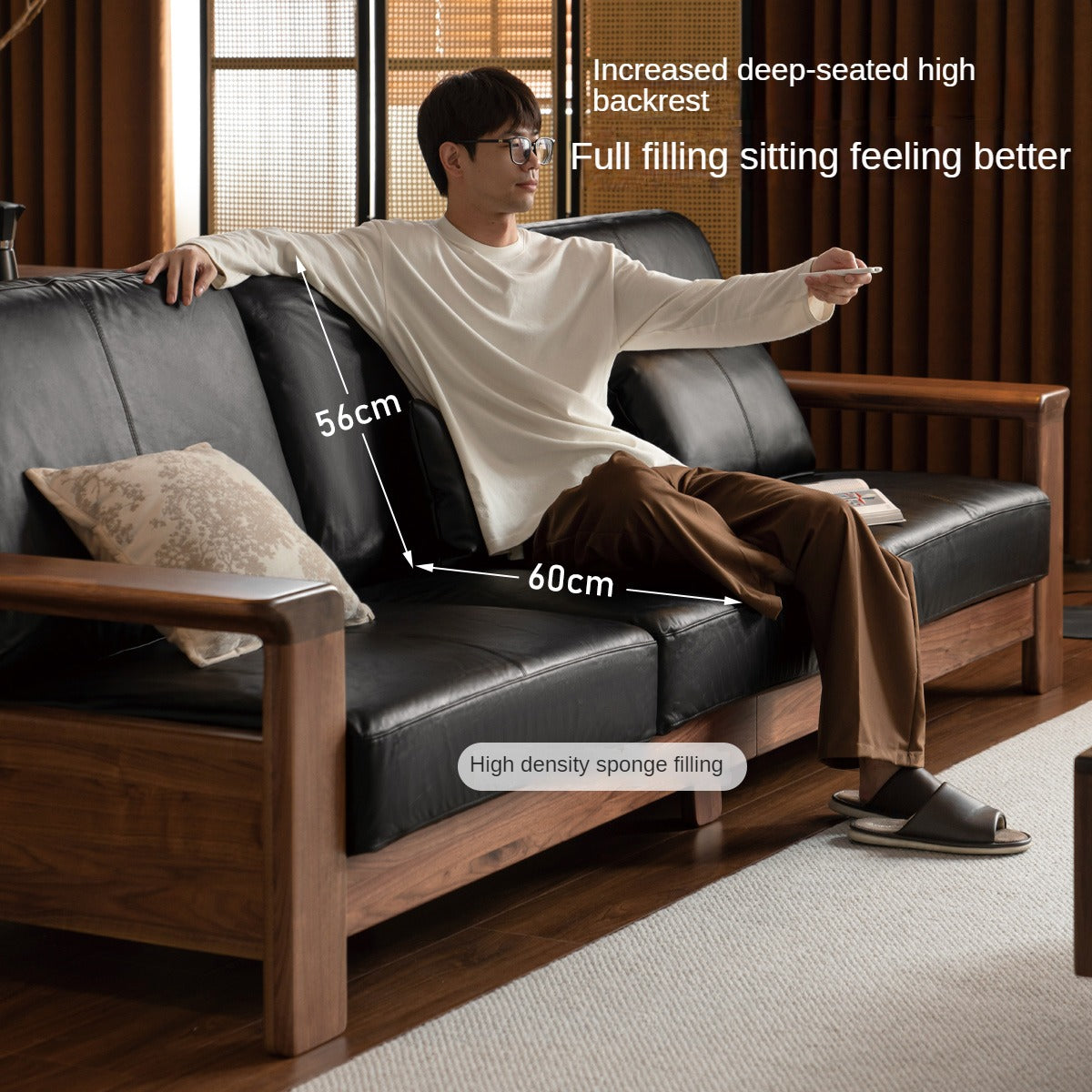 Black Walnut Solid Wood Modern Straight Sofa.