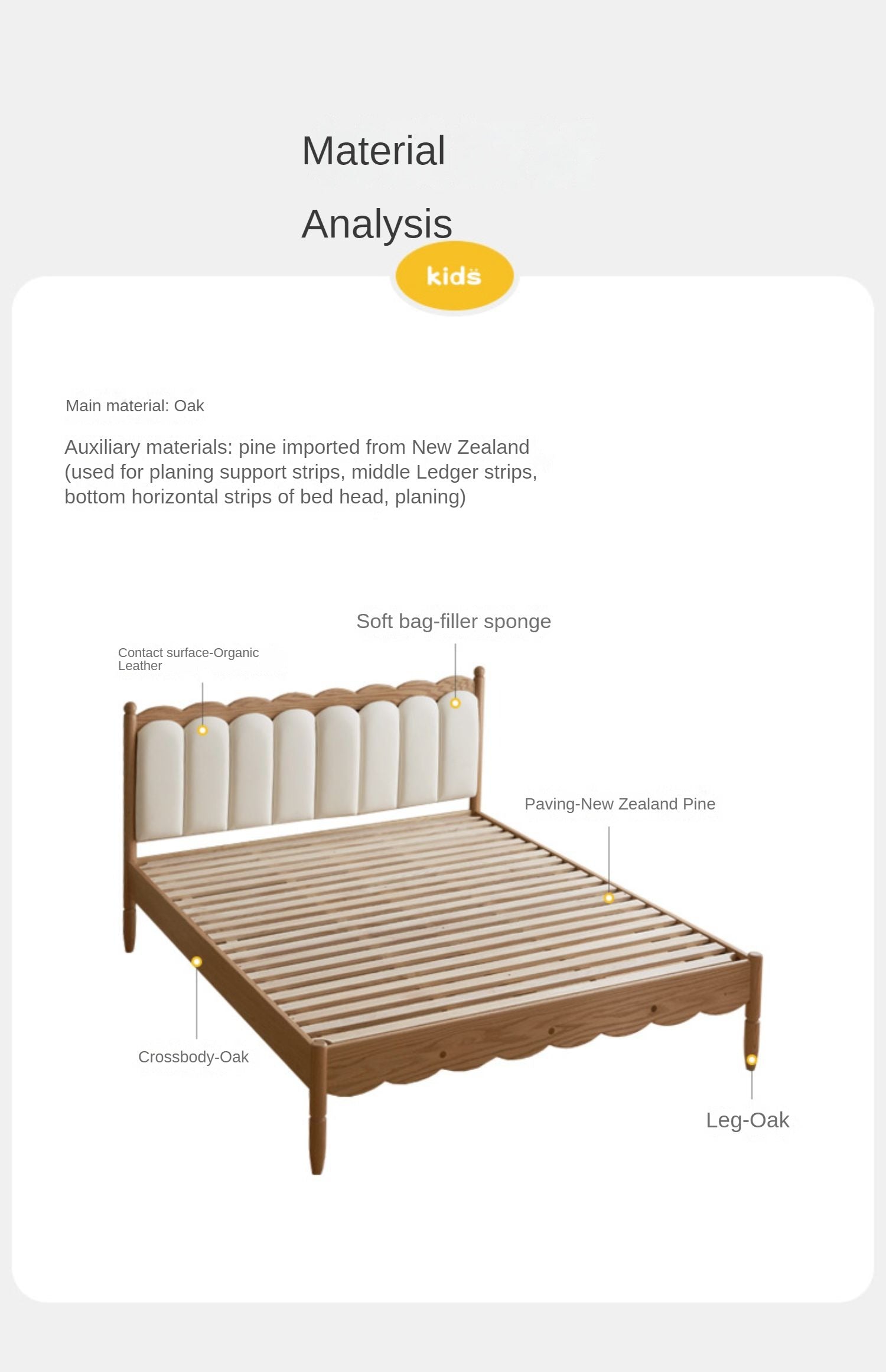 Oak solid wood Milky white kids upholstered bed with soft headboard<