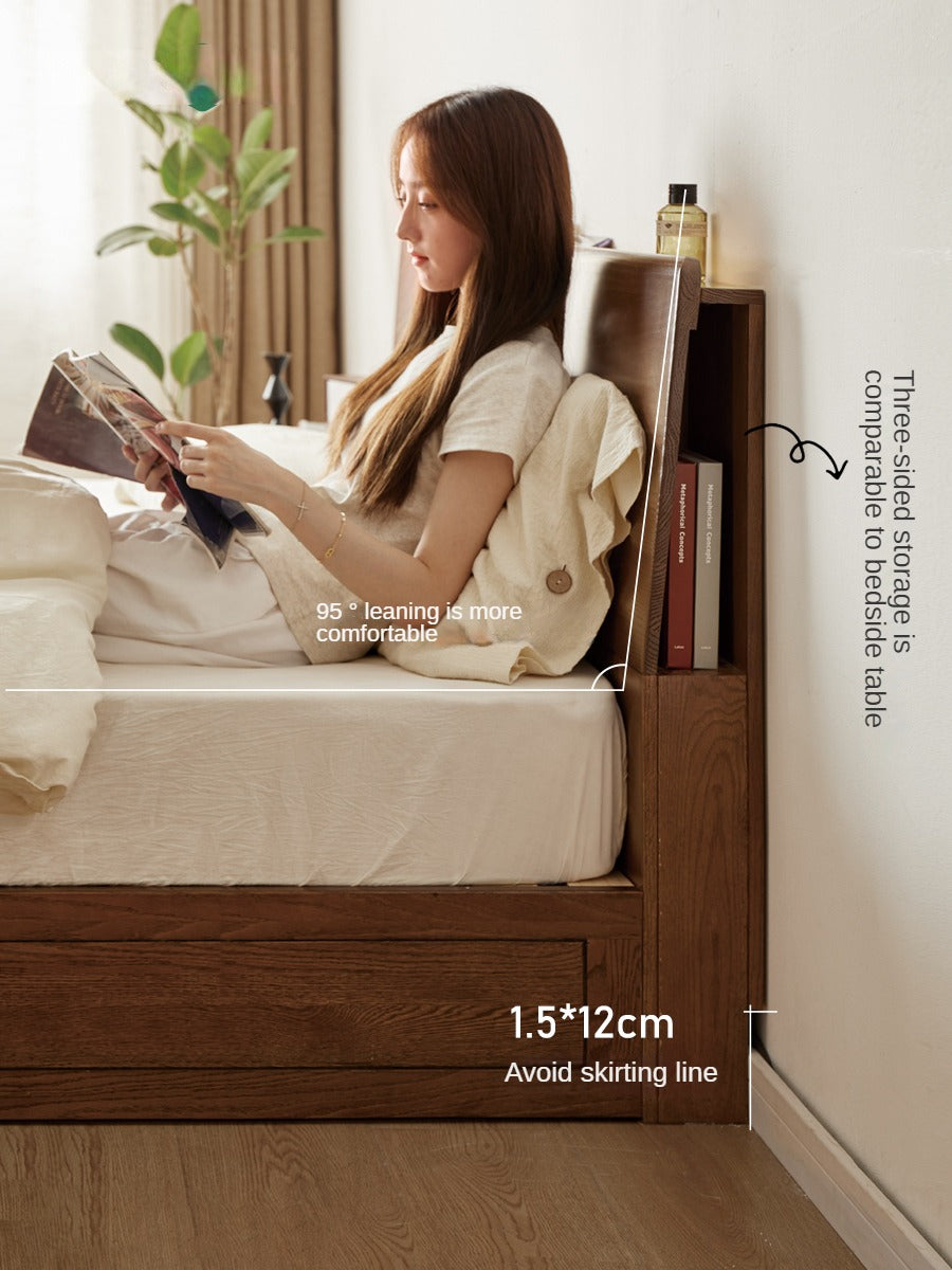 Oak, Rubberwood Solid Wood, Multifunctional Storage Box Bed