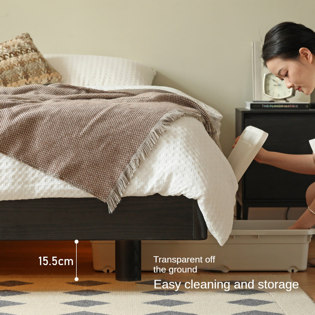 Oak solid wood Suspended platform bed, headboard-free bed Black with light