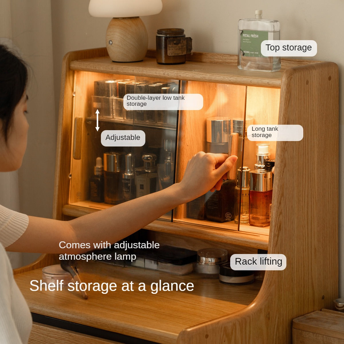Oak, Ash Solid Wood Vanity Table with Shelf.
