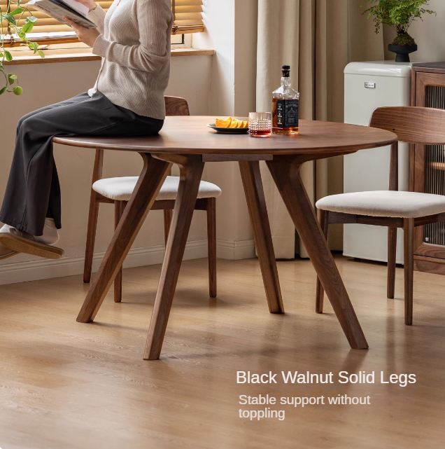 Black Walnut Solid Wood Retro Round Dining Table.