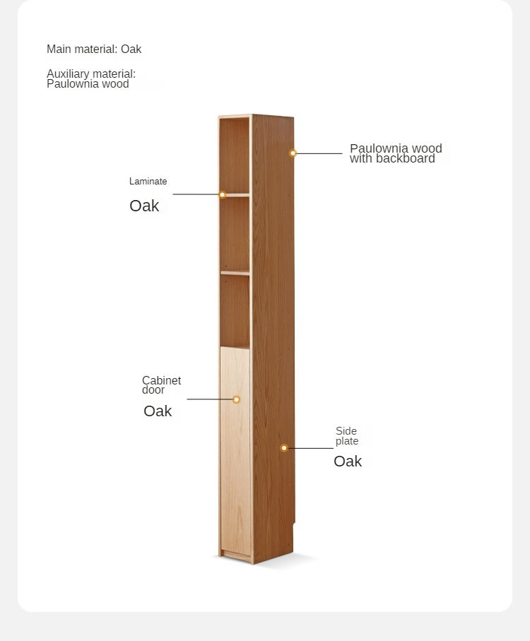Oak, Rubber Solid Wood Ultra Narrow Bookcase