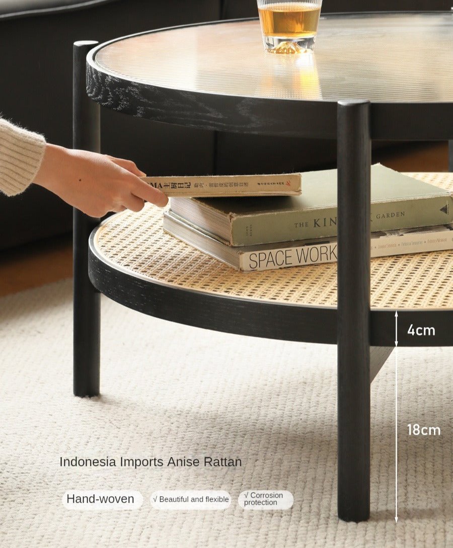 Oak Solid Wood Rattan Black Glass Round Coffee Table