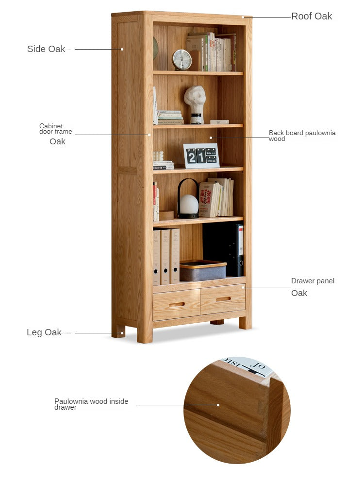 Oak, Rubberwood Solid Wood Drawer Bookcase