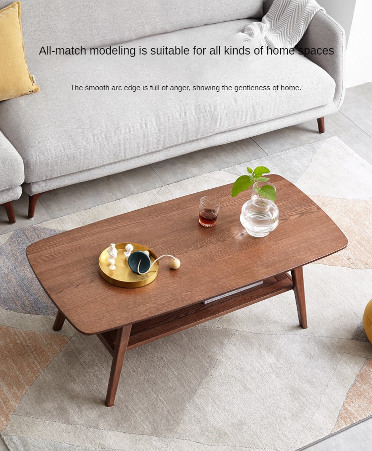 Solid Rubberwood, Beech, Oak Solid Wood Walnut Color Double-Layer Coffee Table