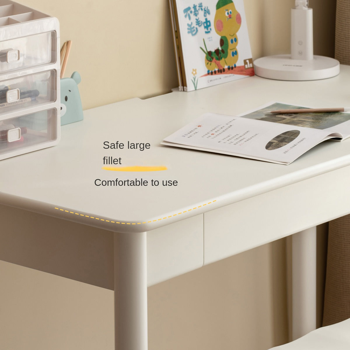 Poplar Solid Wood, solid Rubberwood Children's Elevated Learning Table Cream Drawer Table