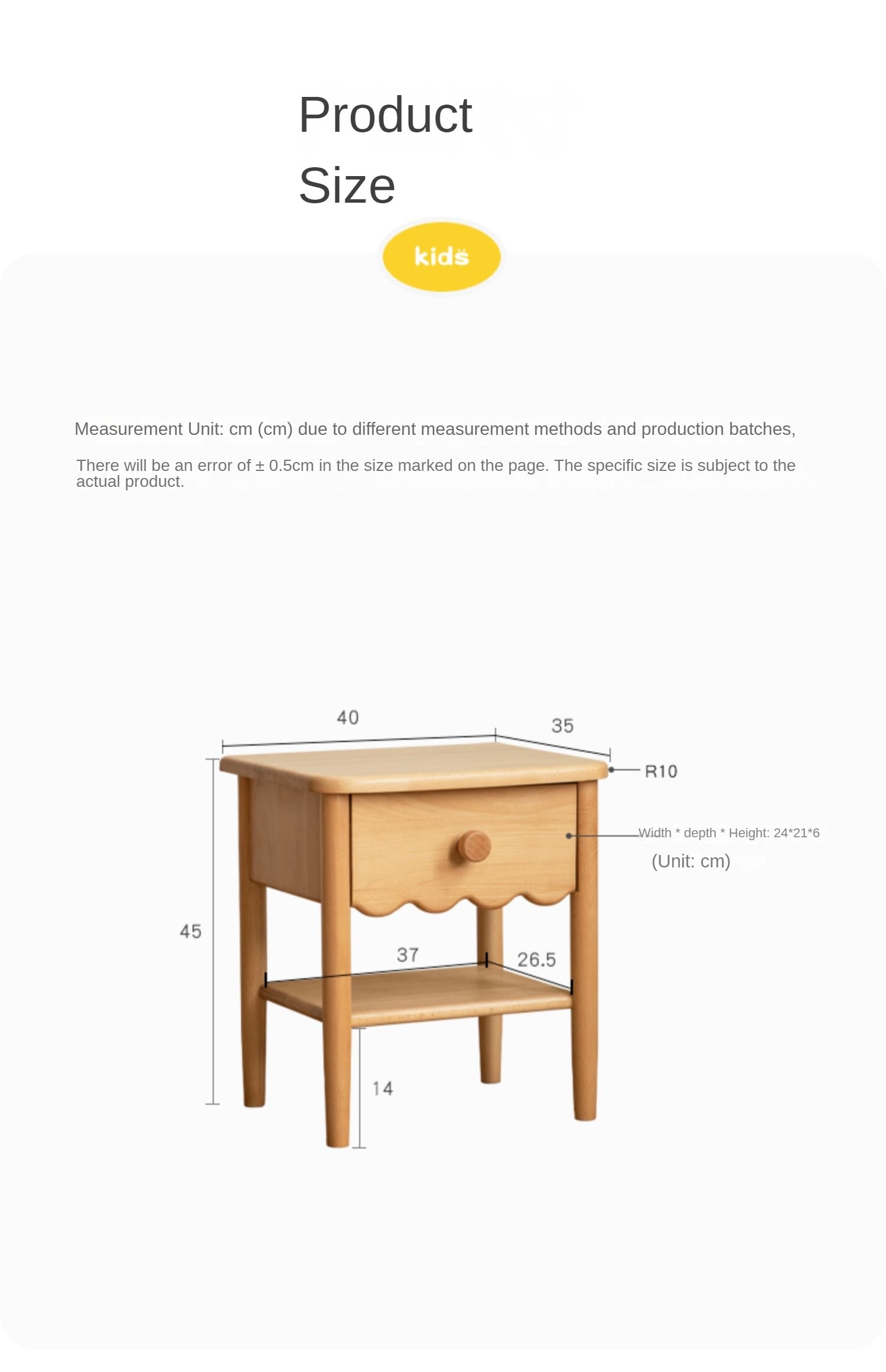 Beech, Oak Solid Wood Kids Nightstand