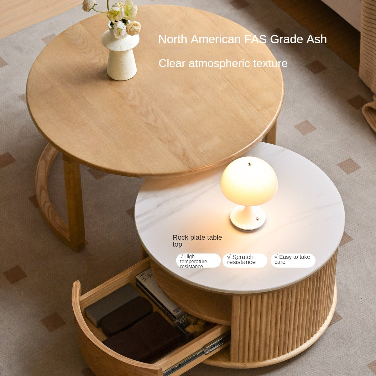 Ash Solid Wood Modern Rock Plate Round Table Coffee