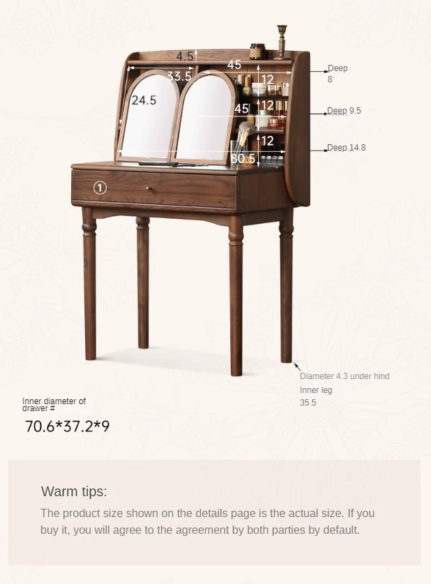 Black Walnut Solid Wood French Retro Vanity Table.