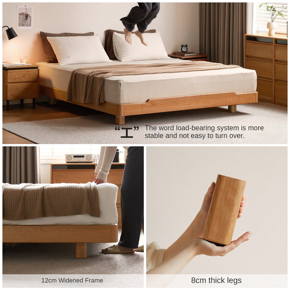Cherry Wood Solid Wood Platform Bed, Headboard-Free Bed with Light