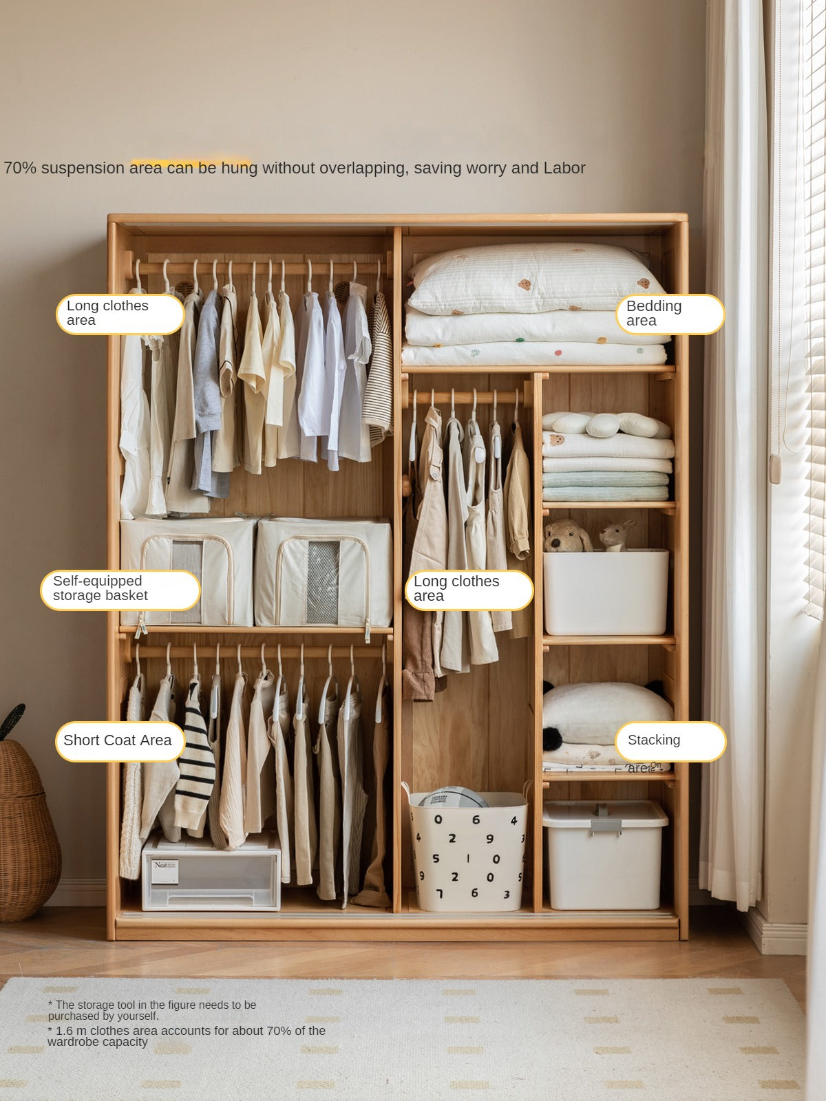 Beech Solid Wood Kids Wardrobe Sliding Door