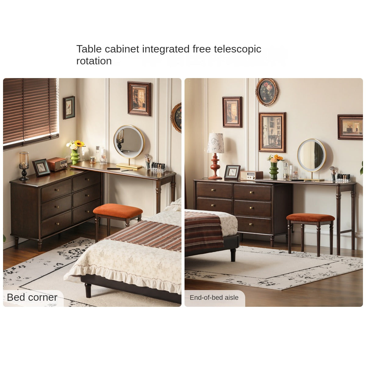 Black Walnut, Poplar Solid Wood American Retro Retractable Dressing Table.