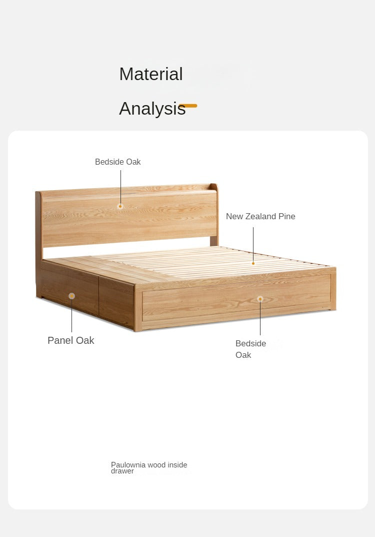Oak Solid Wood Drawer Storage Bed with Sockets Box Bed