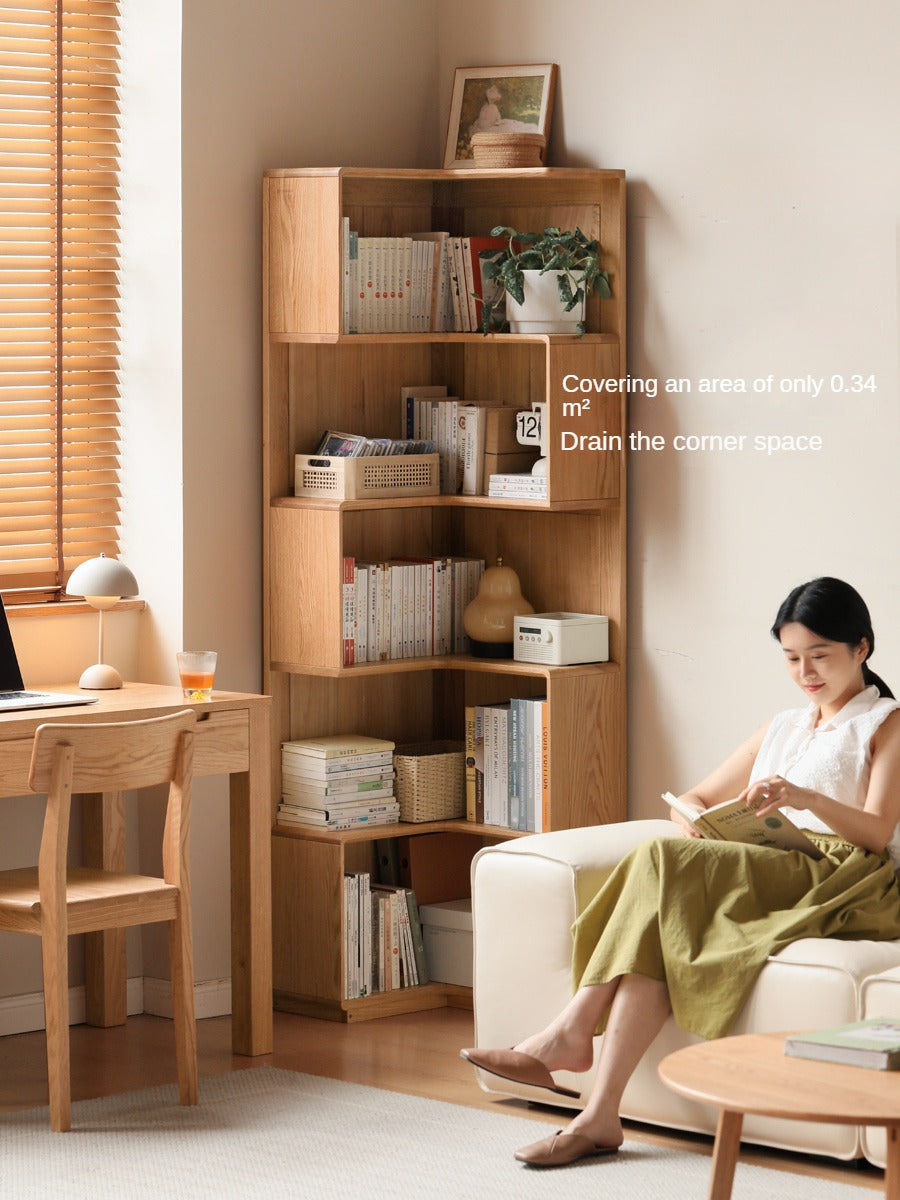 Oak Solid Wood Corner Bookshelf with Floor-Standing Storage Cabinet