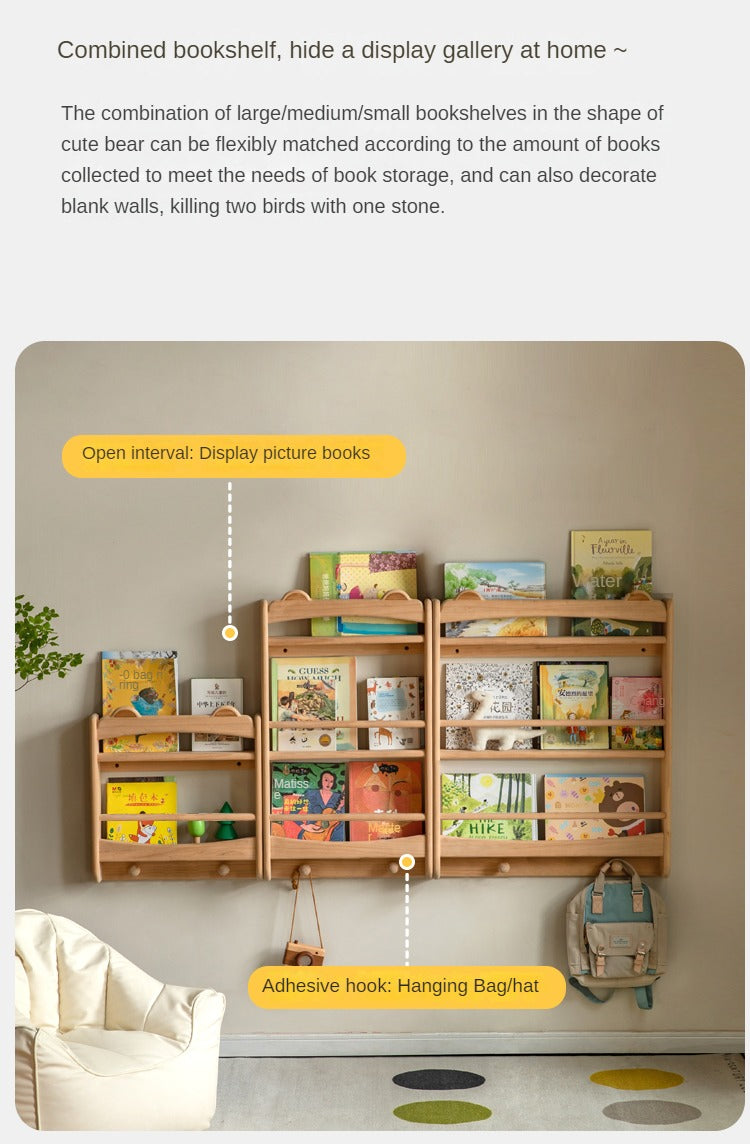 Beech Solid Wood Cute Bear Wall-Mounted Bookshelf Display Shelf