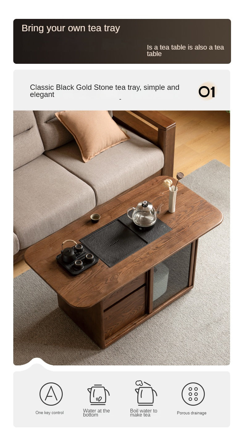 Ash Solid Wood Mobile Tea Brewing Integrated Tea Table