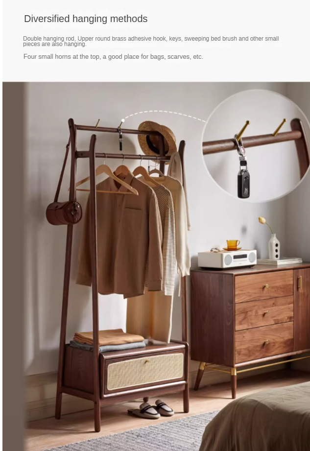 Oak Solid Wood Rattan Hanger Multi-Functional Coat Rack