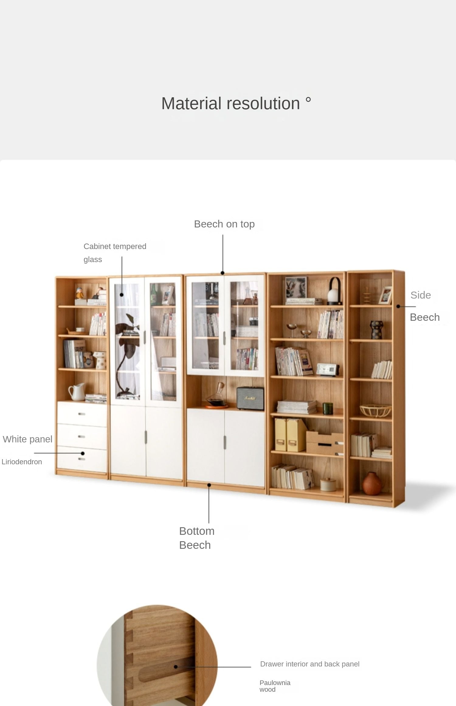 European Beech, Oak Solid Wood Floor-Standing Bookshelf with Glass Door Display