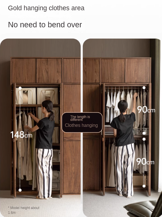 Oak, Cherry Wood, Black Walnut Solid Wood Retro Style Skeleton Line Large Wardrobe.