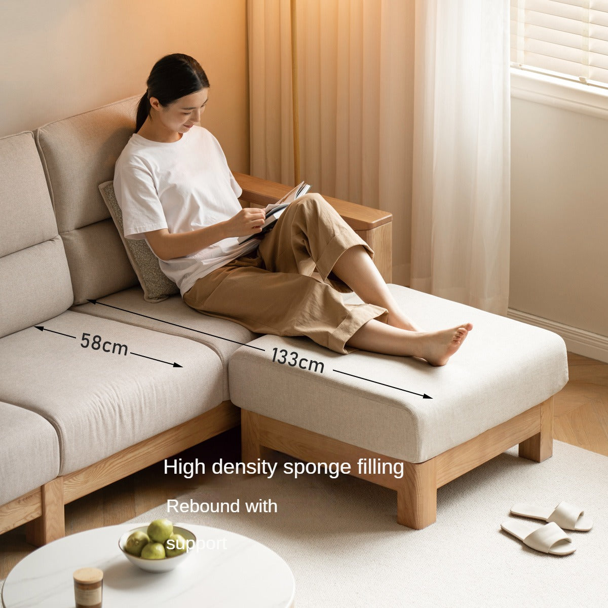 Ash, Black Walnut Solid Wood White Wax Fabric Sofa.