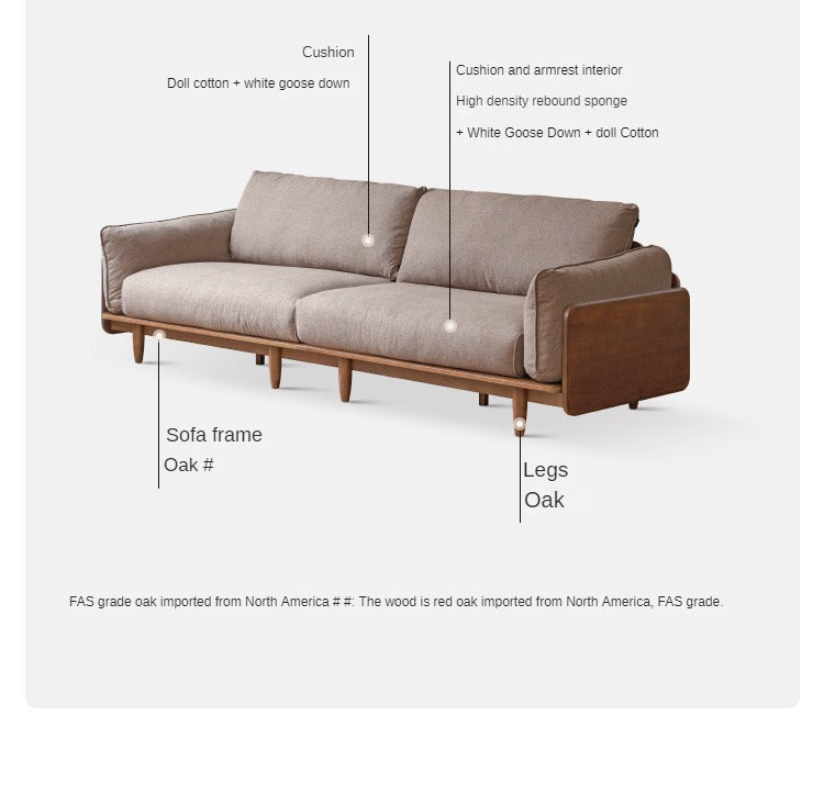 Oak Solid Wood Leather, Fabric Straight Sofa.