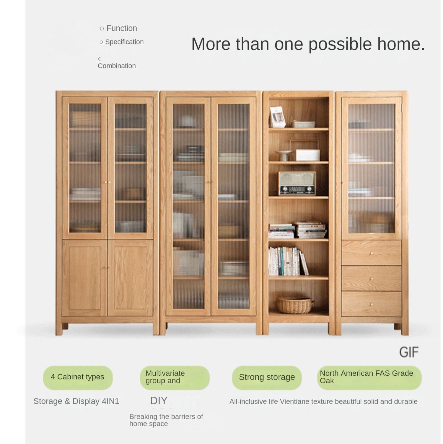 Oak Solid Wood Bookcase With Glass Door.