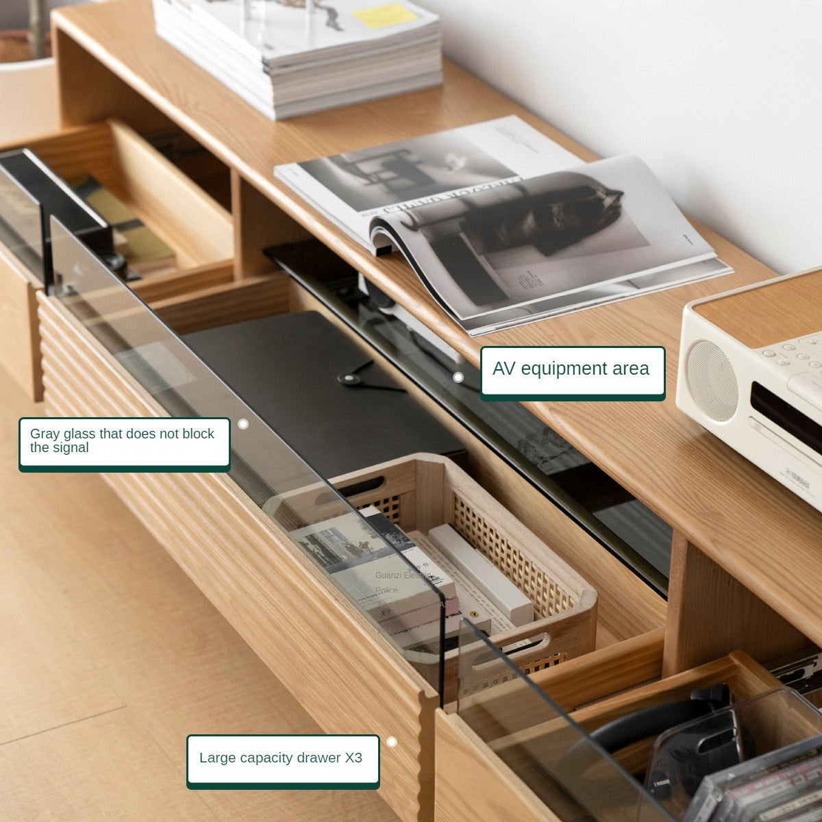 Ash Solid Wood Floor Modern Rock Board TV Cabinet.