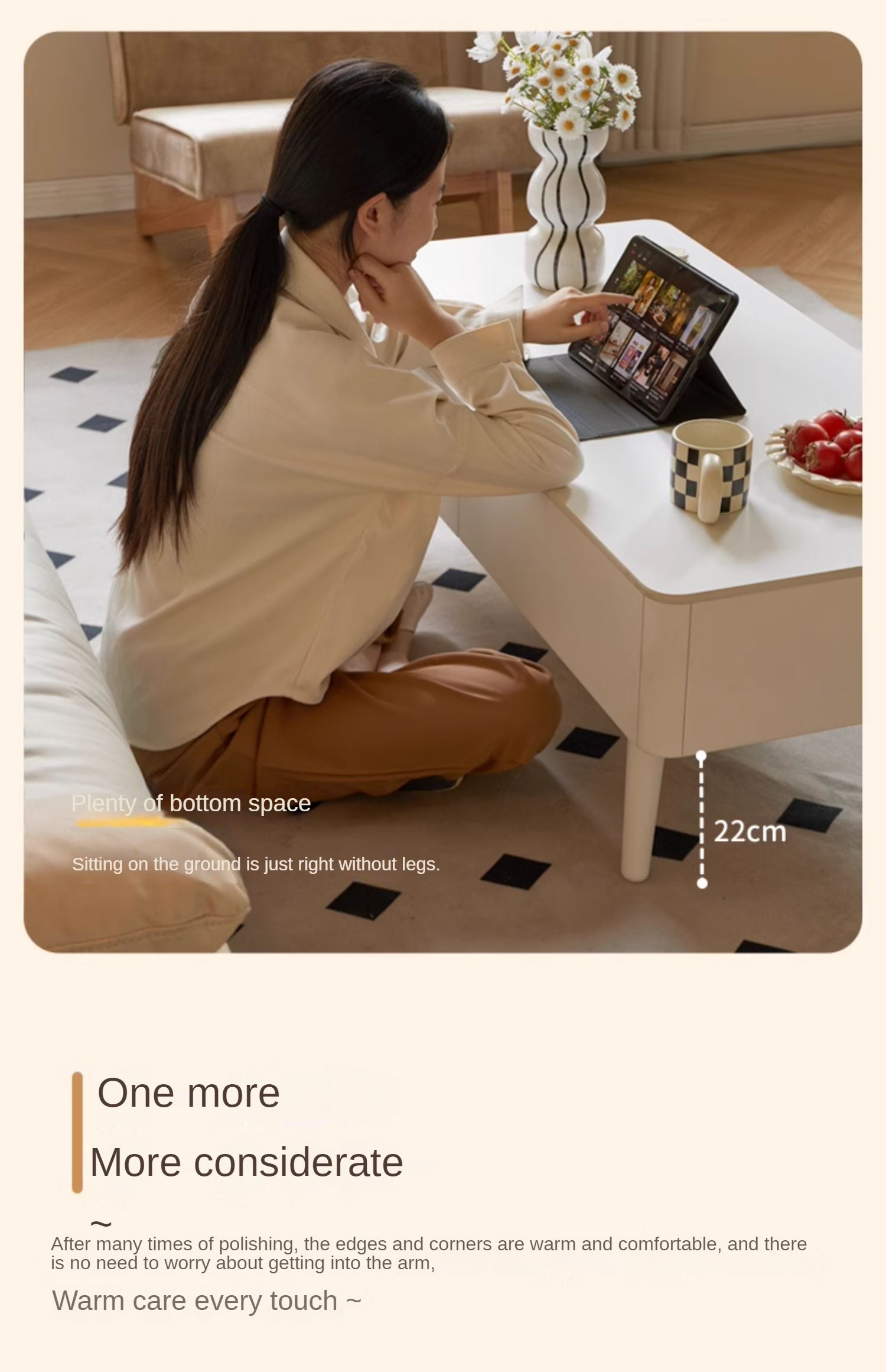 Rubber Solid Wood White Cream Style Rock Plate Coffee Table