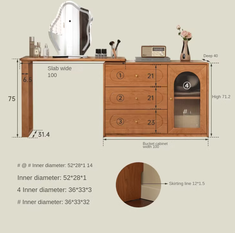 Cherry Solid Wood Retractable French Retro Dressing Table.