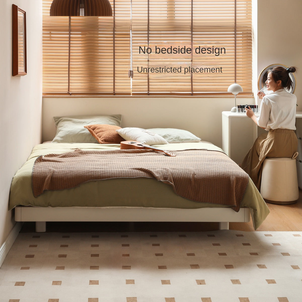 Rubberwood Solid Wood White Cream Platform Bed, Headboard-Free Bed