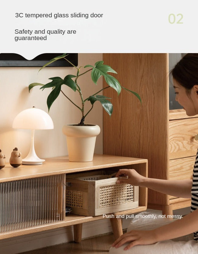 Oak, Rubber Solid wood TV Stand Glass Sliding Door
