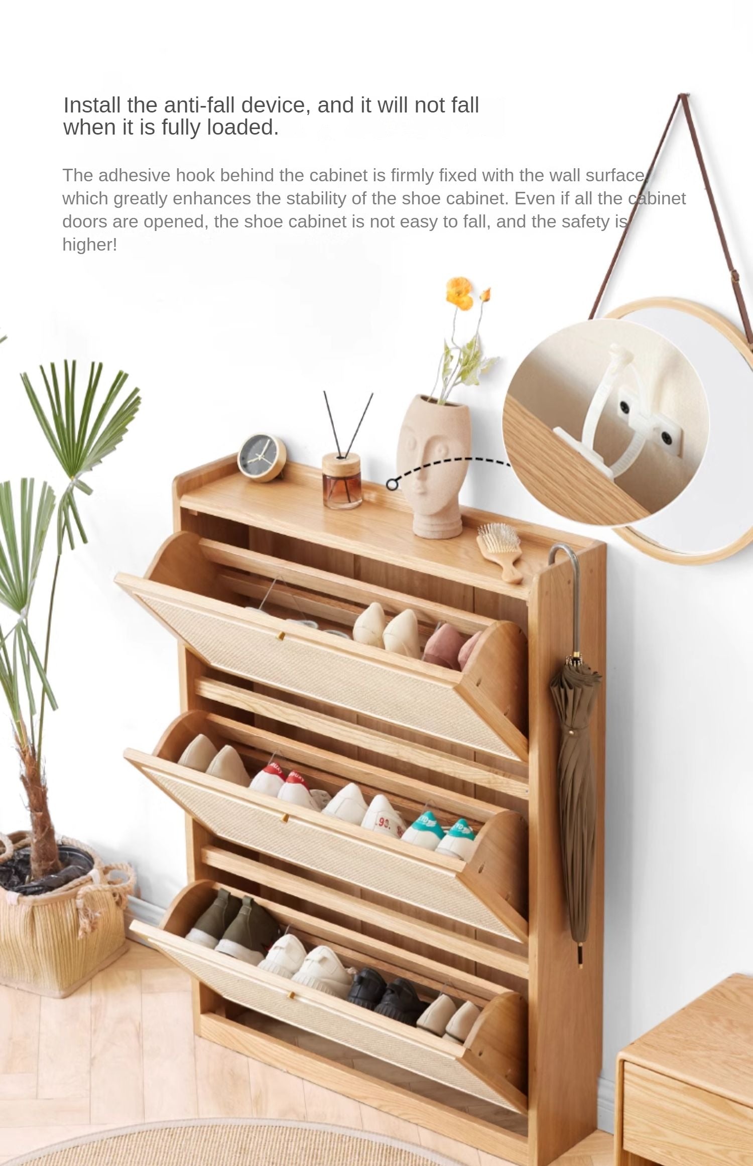 Oak Solid Wood Ultra-Thin Flap Door Rattan Shoe Cabinet