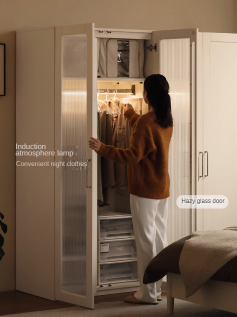 Poplar Solid Wood Modern Lighted Locker White Cream Style Wardrobe.