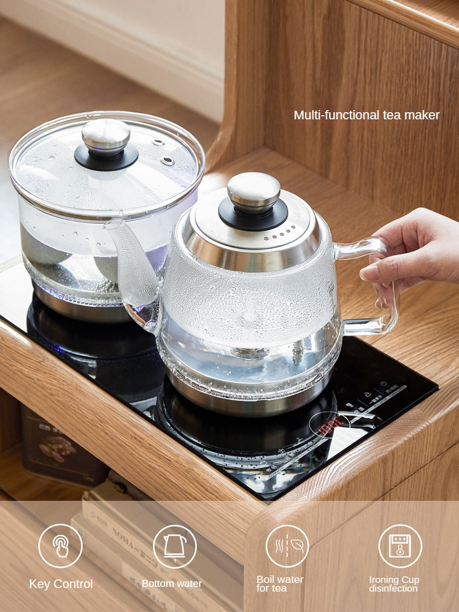 Oak, Black Walnut Solid Wood Movable Tea Cabinet With Tea Maker