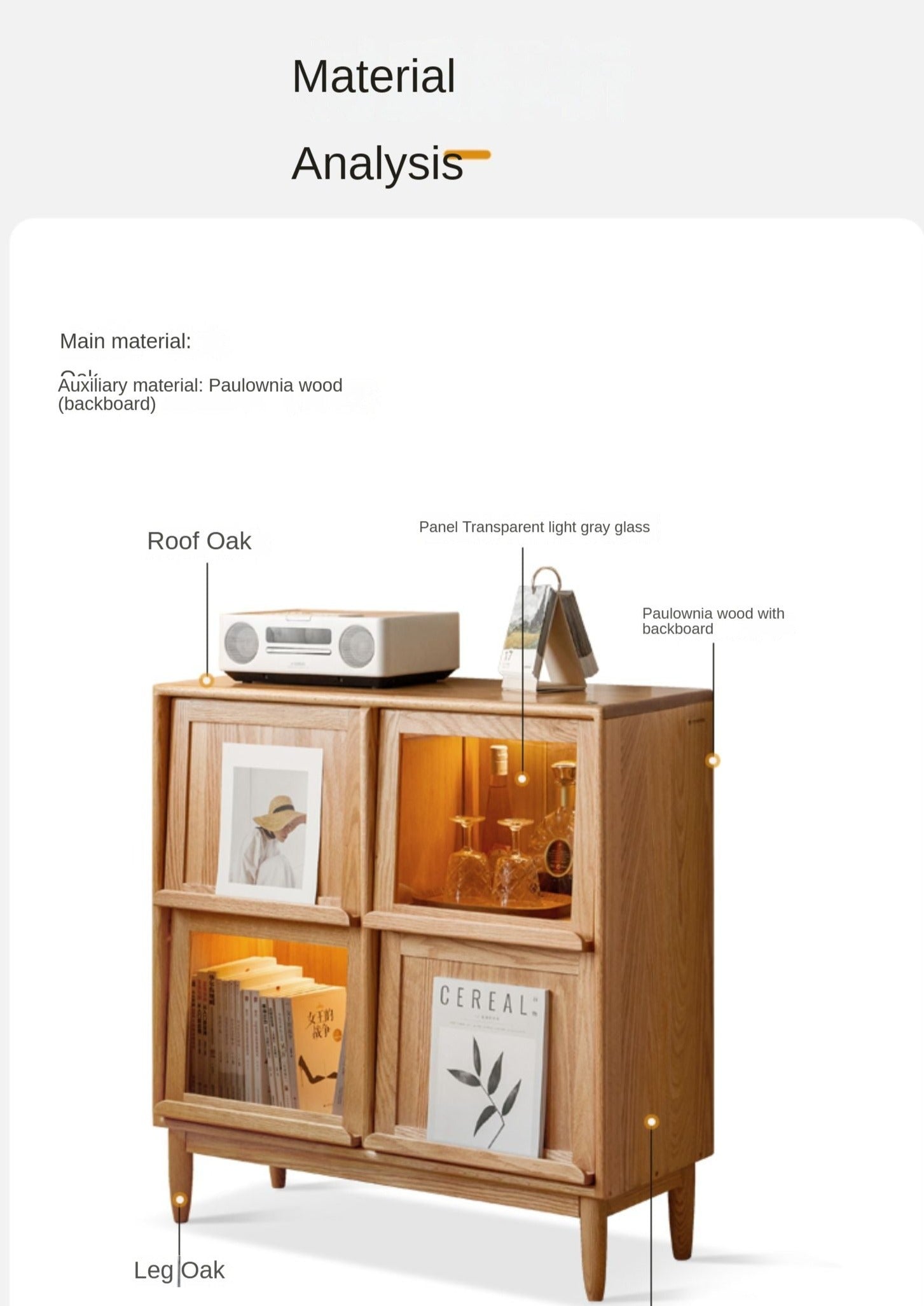 Oak, Сherry Solid Wood Four-Door Bookcase with Light, Magazine Cabinet