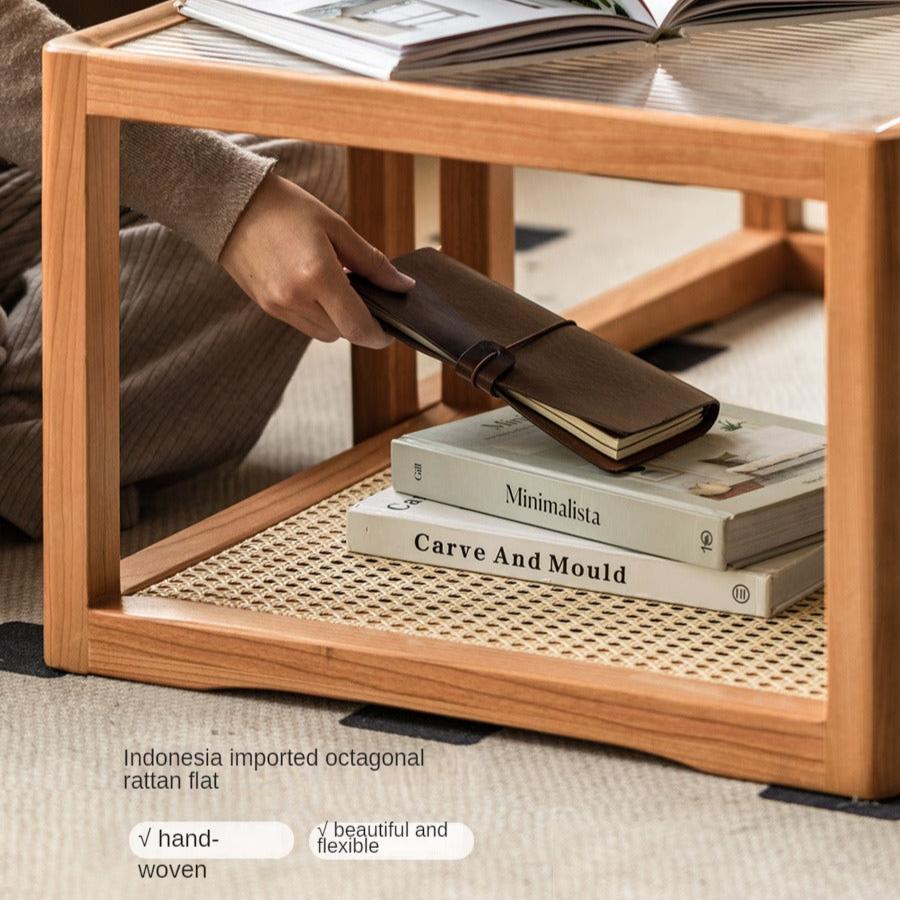 Cherry Solid Wood Square Retro Rattan Coffee Table