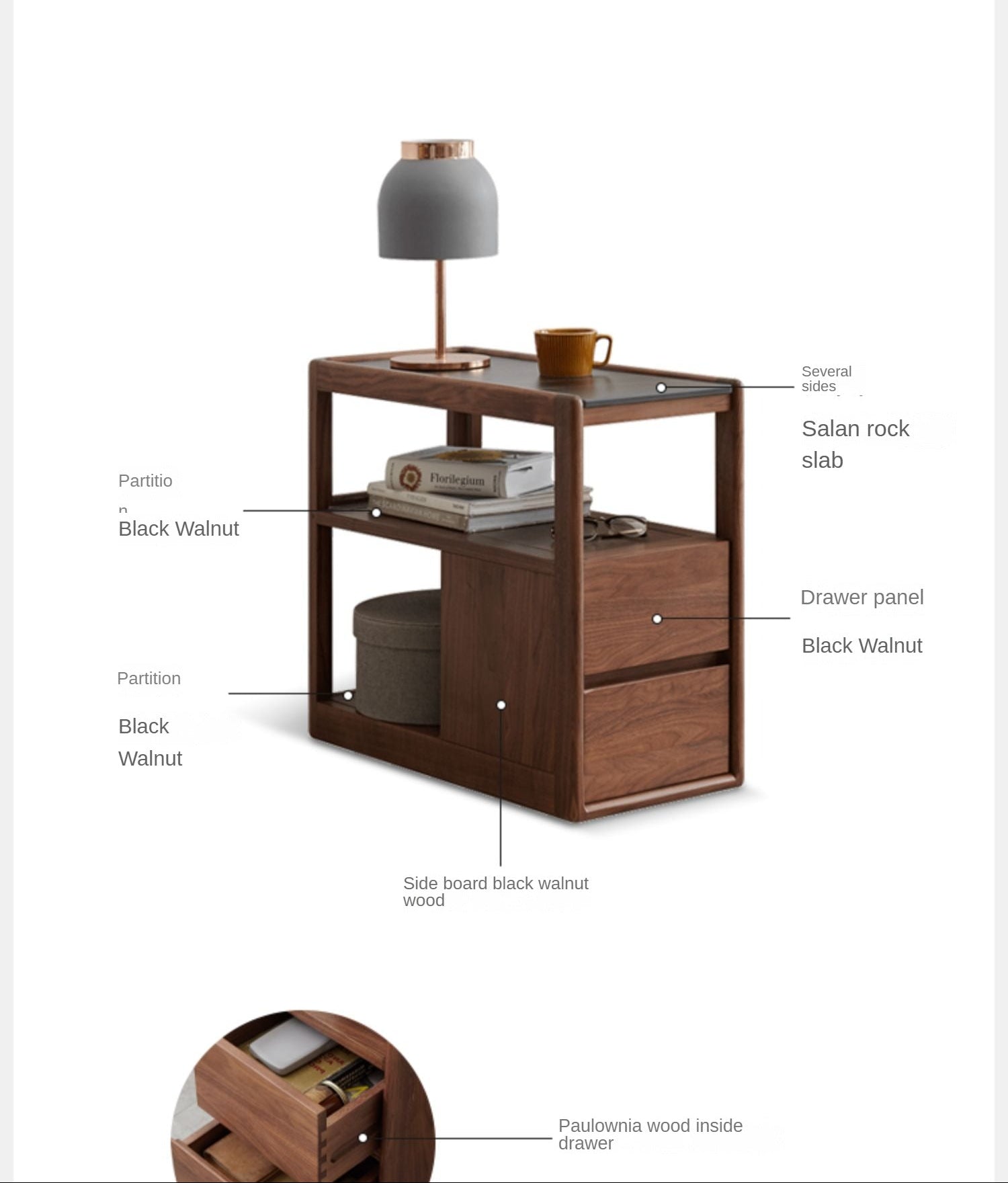 Black Walnut, Sandalwood With Slate Top Side Table