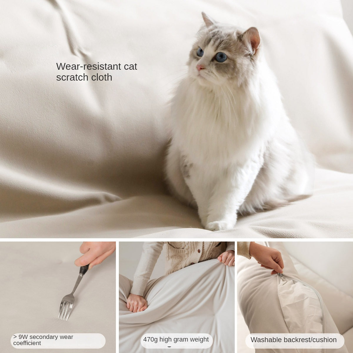 Oak Solid Wood Fabric White Cream Style Cat Scratching Cloth Sofa.