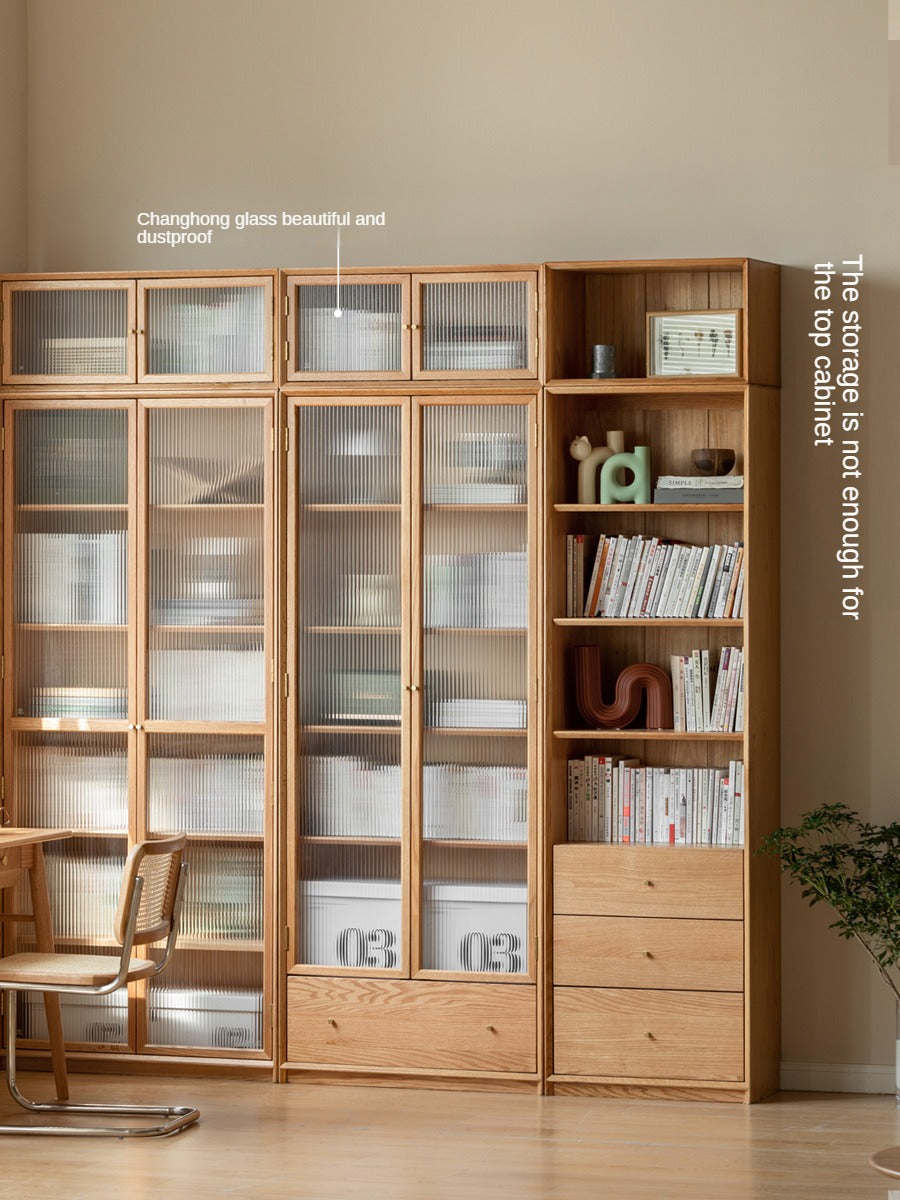 Oak Solid Wood Nordic Style Bookshelf with Floor Storage Cabinet