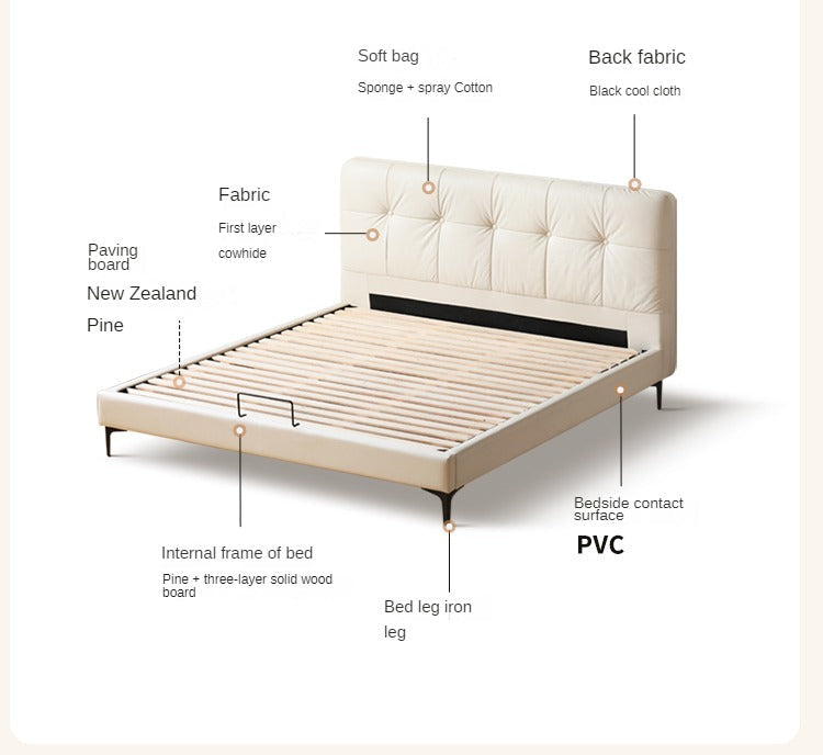 Genuine Leather Light Luxury Bed, Cream Style