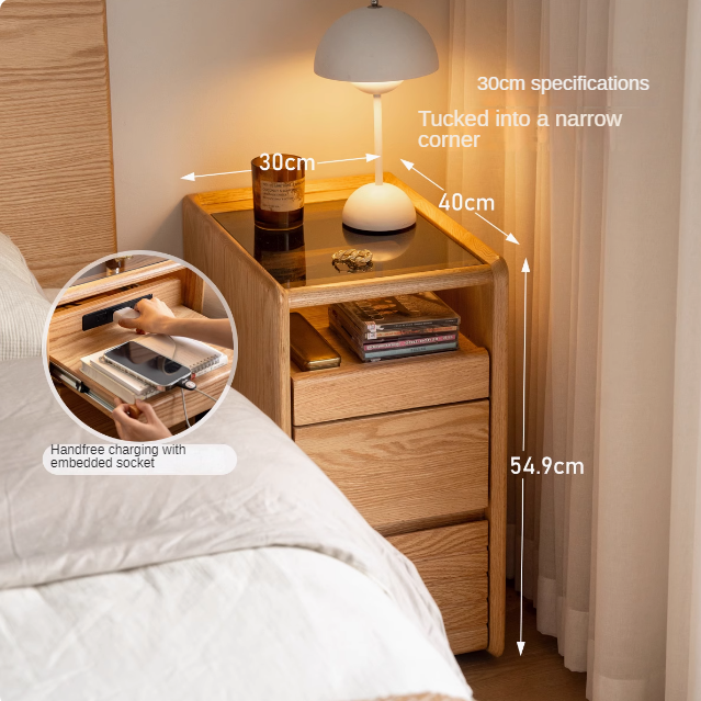 Ash, Oak Solid Wood Movable Glass Small Nightstand