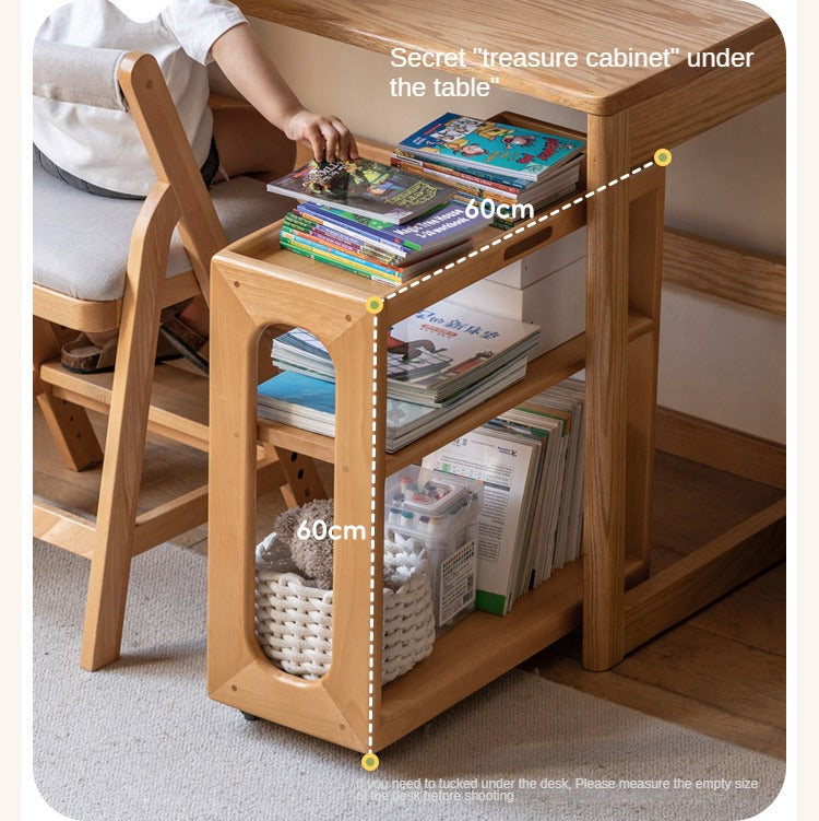 Beech Solid Wood Children's Under-Table Bookshelf with Wheels
