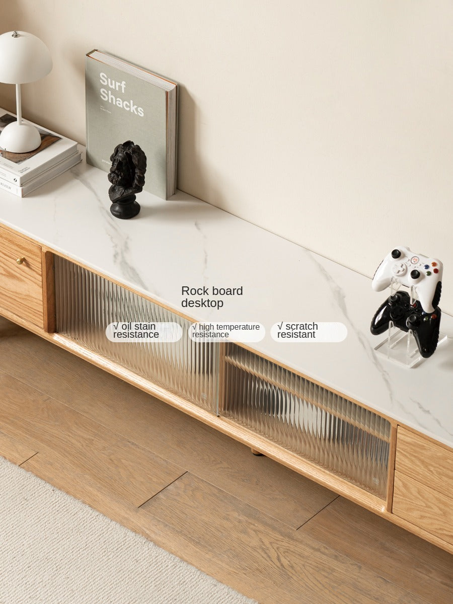 Oak, Poplar, Beech Solid Wood Sliding Door TV Stand With Rock Slab Surface.