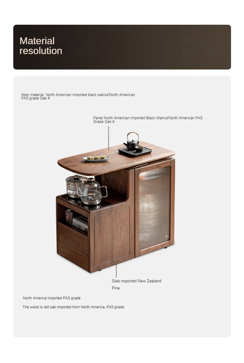 Black Walnut, Oak Solid Wood Movable Tea Cabinet With Tea Maker