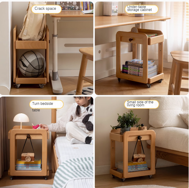 Beech, Rubber Solid Wood Children's Under-the-Table Mobile Modern Storage Rack