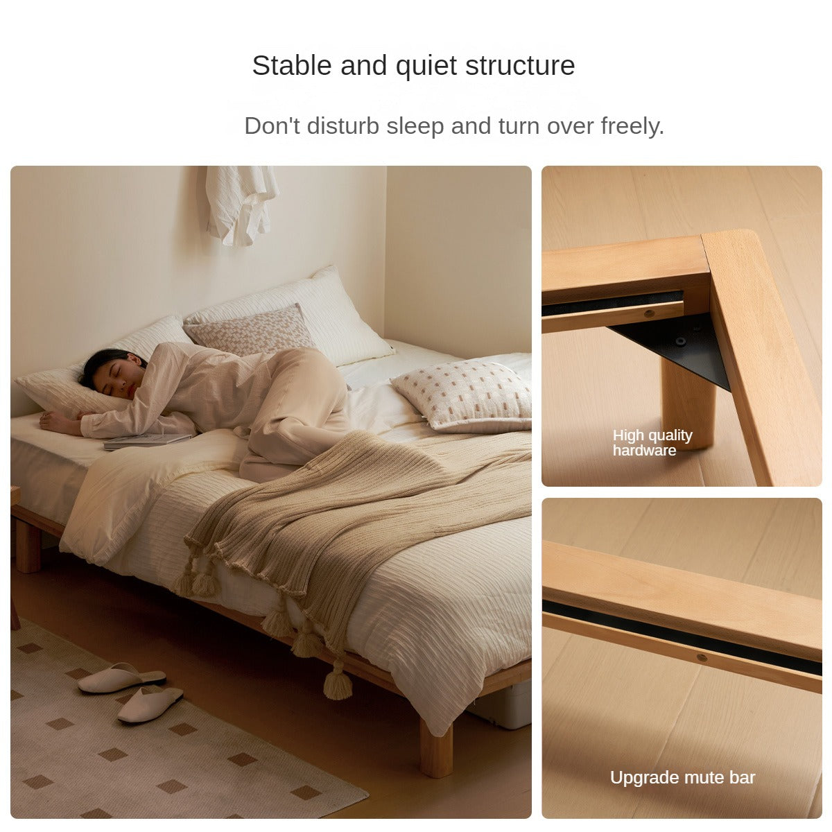 Beech Solid Wood Platform Bed, Headboard-Free Bed